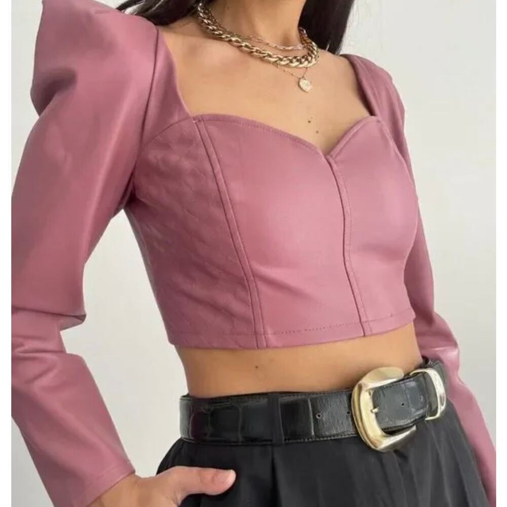 ZARA Mauve Pink Faux Leather Puff Sleeve Crop Top sz XS